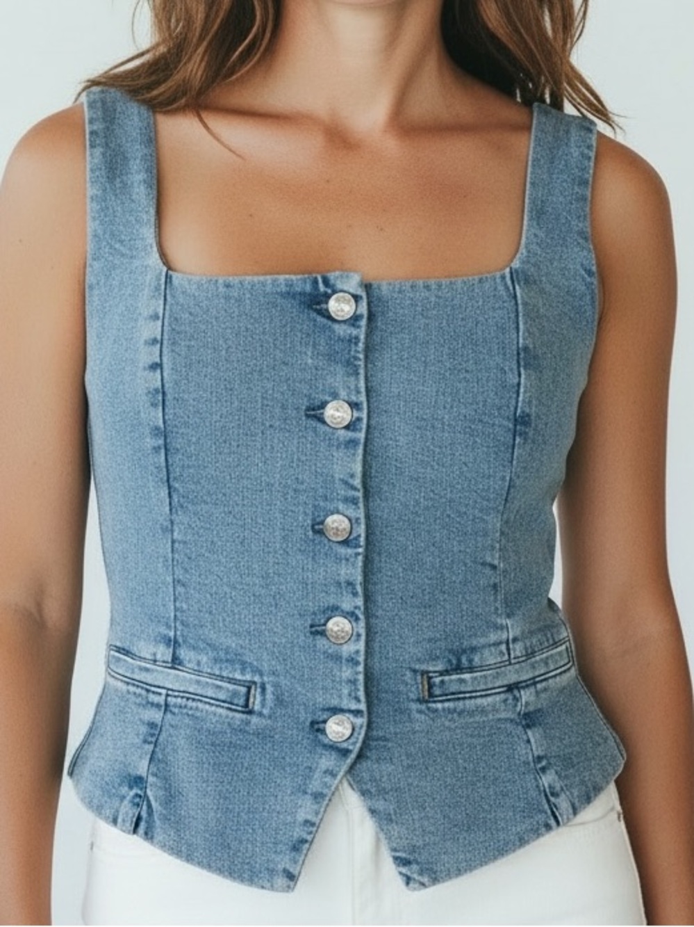 Scoop NYC Fitted Denim Vest Tank Top
 medium M metal buttons layering piece